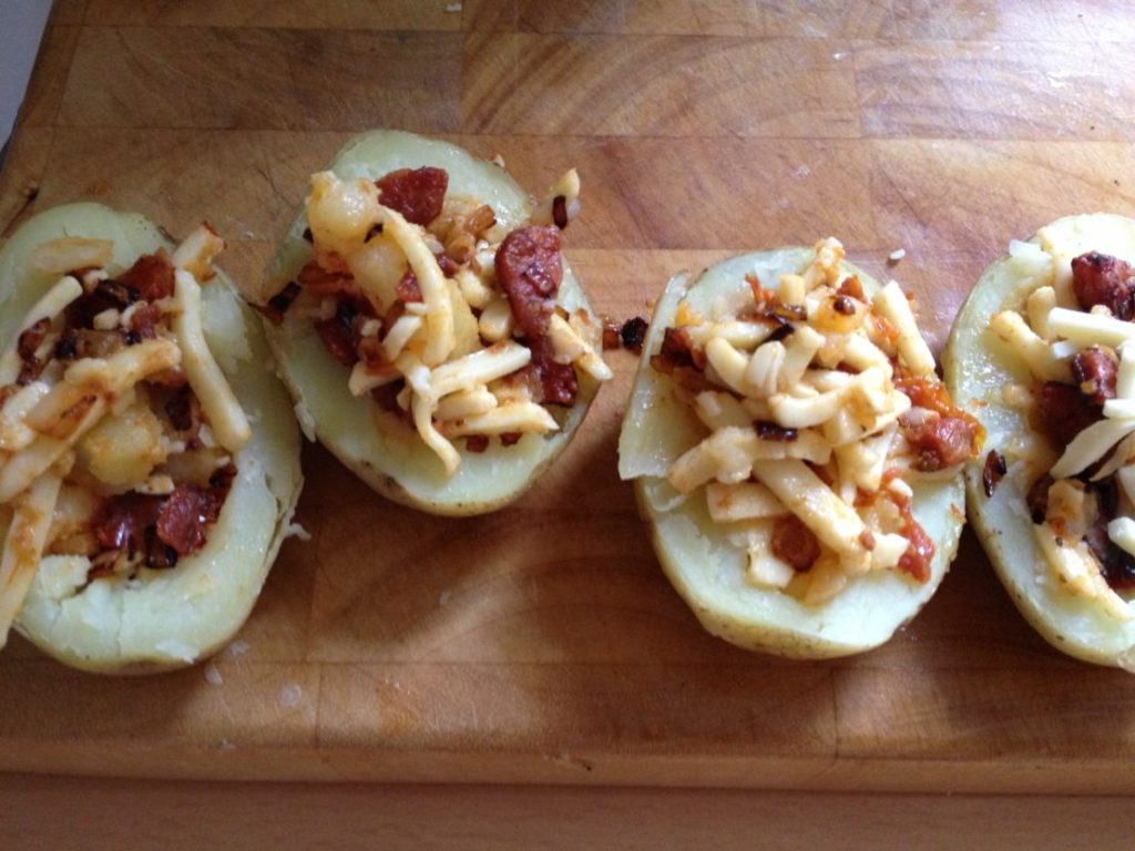 Chorizo and sun-dried tomato stuffed potato skins