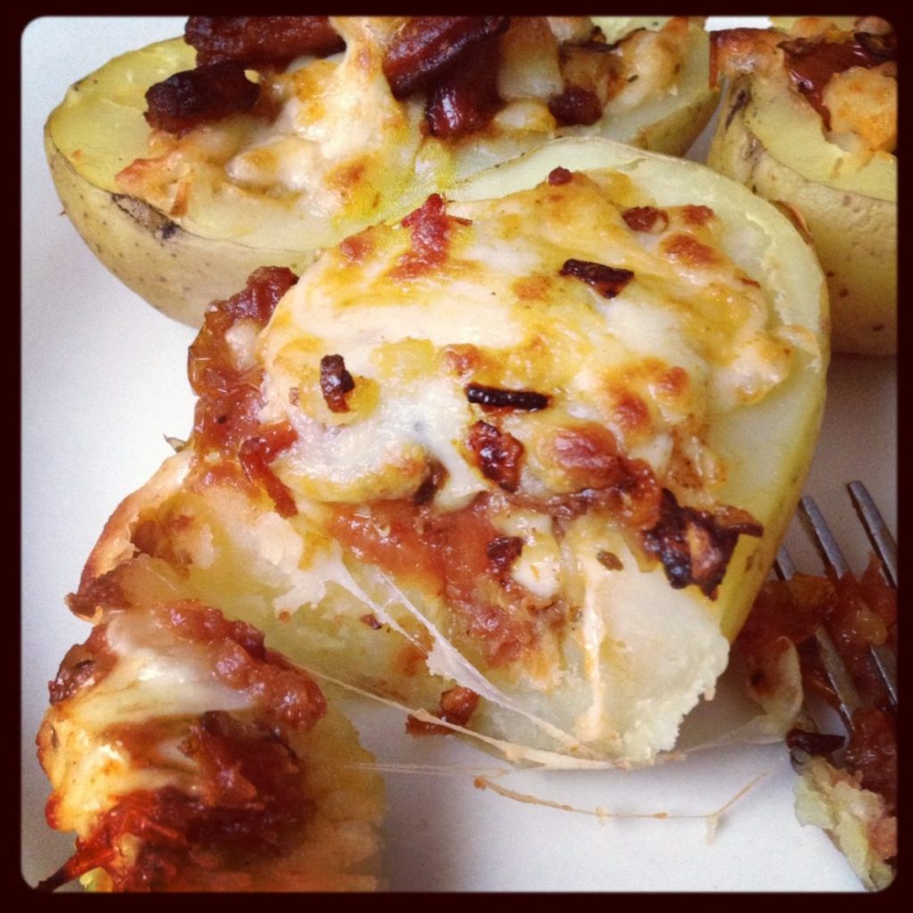 Chorizo and sun-dried tomato stuffed potato skins