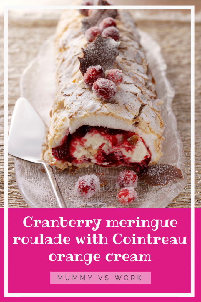 Cranberry meringue roulade with cointreau orange cream