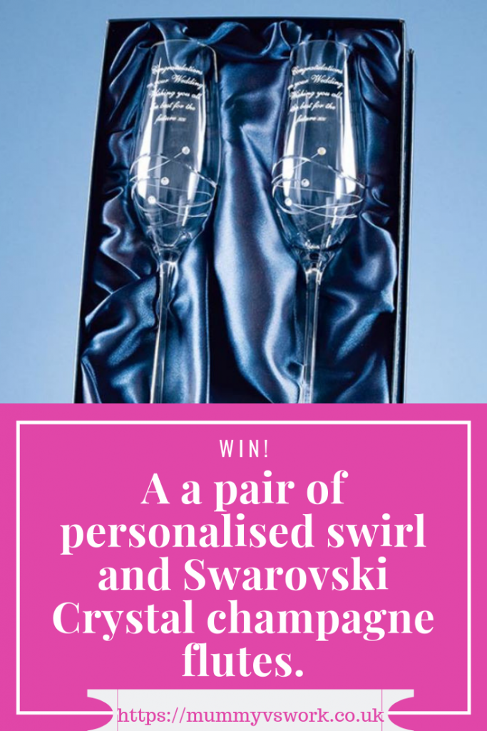 Win a pair of personalised swirl and Swarovski Crystal champagne flutes.