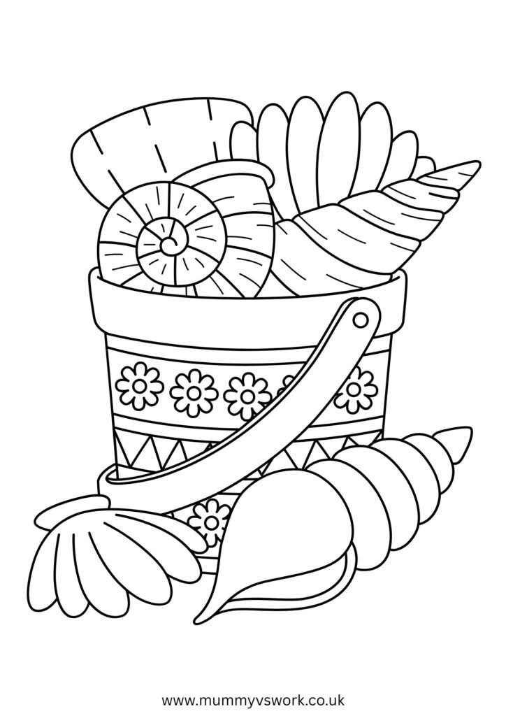 Beach bucket and spade colouring page with seashells and decorative patterns - summer seaside printable