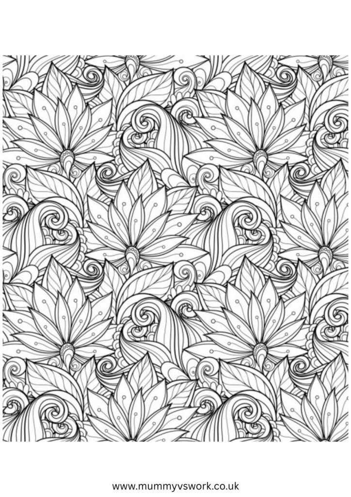 Botanical mandala pattern with detailed flowers and decorative leaves - nature-inspired colouring sheet PDF