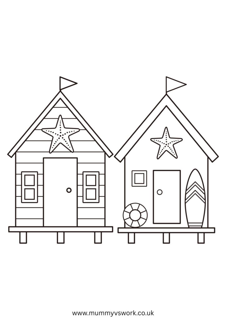 British beach huts colouring page with starfish and seaside decorations - classic UK seaside printable