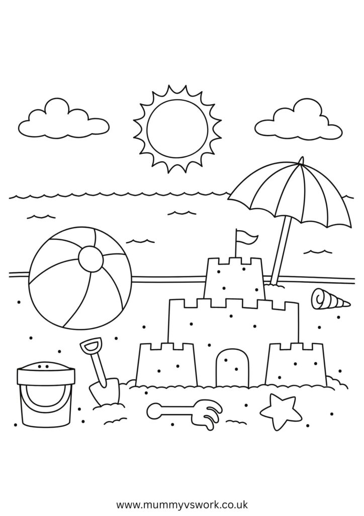 Classic beach day scene with sandcastle, parasol and beach toys colouring page - family seaside holiday printable
