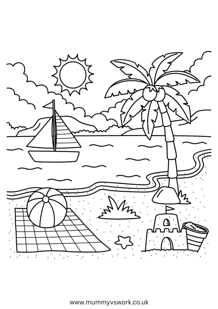 Complete summer beach scene colouring page with sailing boat, palm tree and beach activities - perfect holiday printable