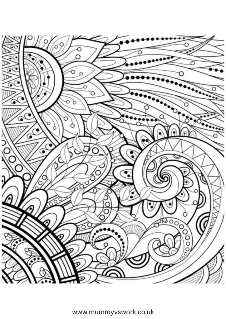 Complex artistic mandala with flowing paisley patterns and intricate geometric details - advanced adult colouring sheet PDF