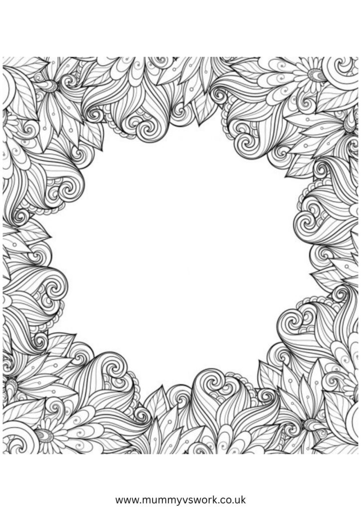 Decorative mandala border frame with flowing floral patterns and swirls - ornamental colouring sheet PDF