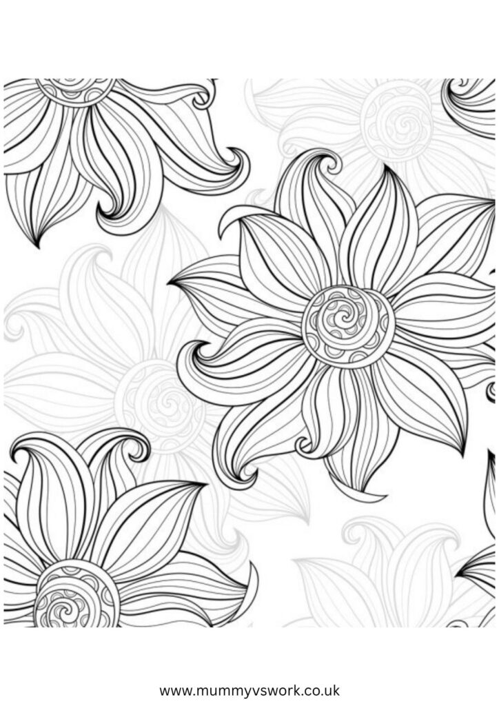 Elegant floral mandala with flowing petals and subtle background patterns - sophisticated colouring sheet PDF