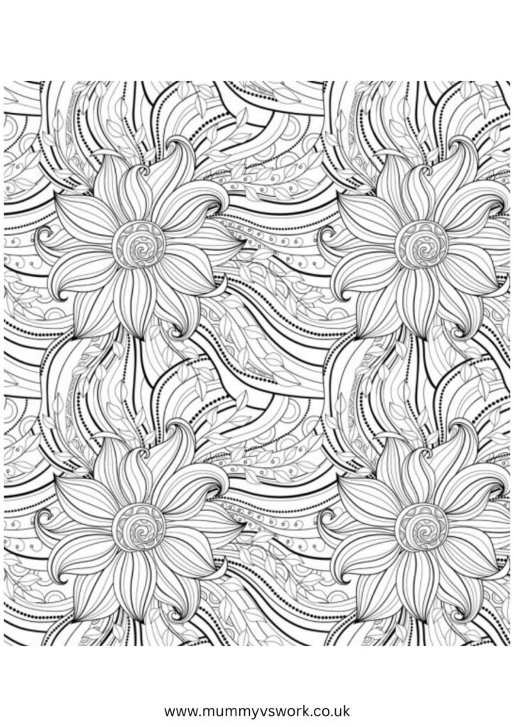 Flowing floral mandala pattern with repeating blooms and intricate connecting swirls - seamless colouring sheet PDF