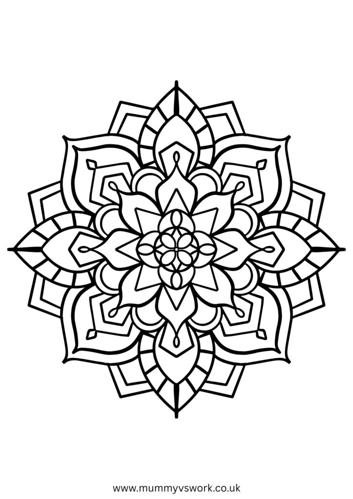 Symmetrical geometric mandala with layered flower petals and intricate border patterns - traditional colouring sheet PDF