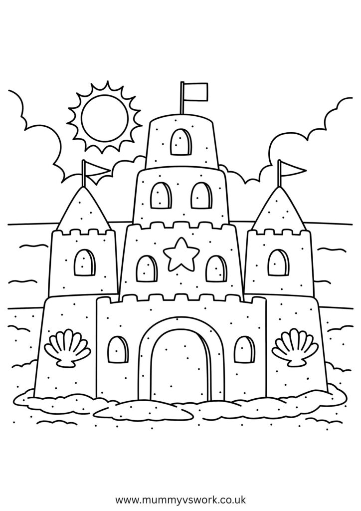 Grand multi-tiered sandcastle with towers and seashell decorations colouring page - elaborate beach castle summer printable