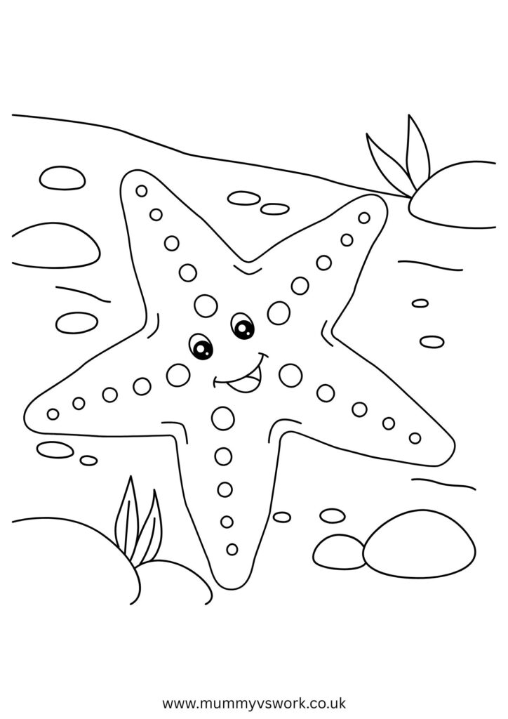 Happy starfish character underwater colouring page with seaweed and bubbles - cute sea creature summer printable