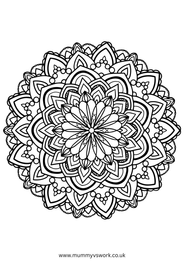 Intricate lotus flower mandala with layered petals and geometric borders - adult meditation colouring sheet PDF