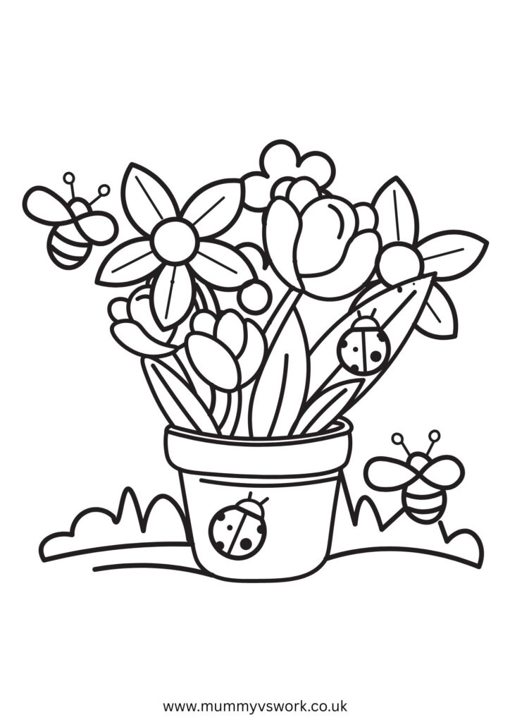 Summer flower pot garden colouring page with bees and ladybird - nature themed printable for families