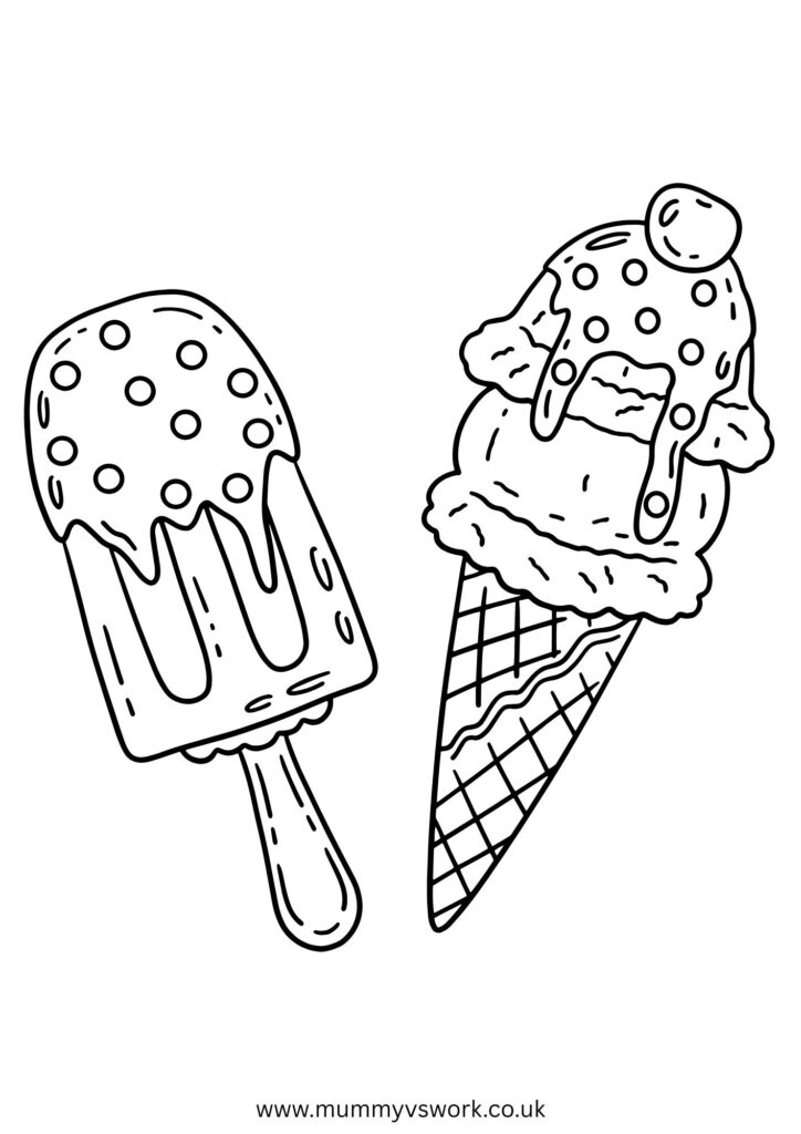 Summer ice cream and ice lolly colouring page with decorative patterns - sweet treats printable for families