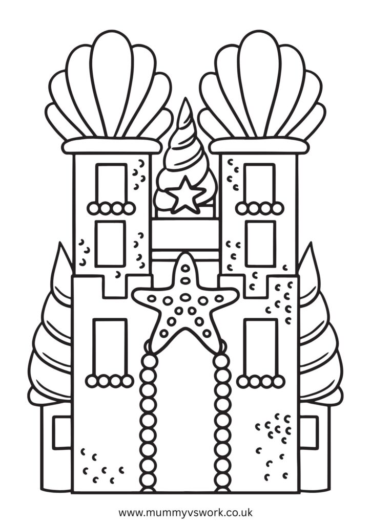 Summer sandcastle colouring page with seashells and starfish - beach themed printable for UK families