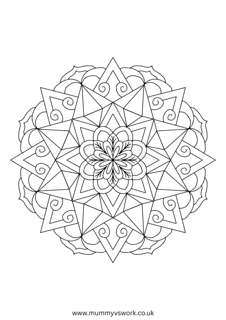 Traditional star mandala with geometric patterns and floral centre - classic meditation colouring sheet PDF