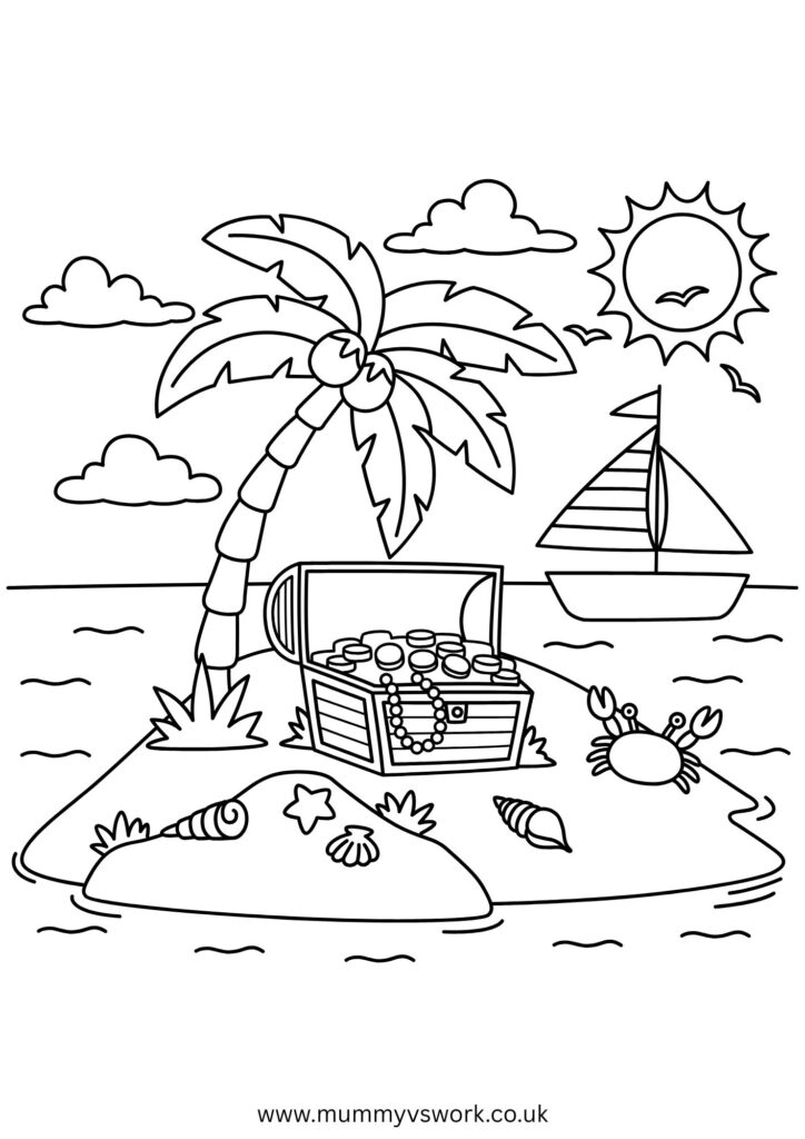 Treasure island beach scene colouring page with palm tree, pirate chest and sailing boat - adventure themed summer printable