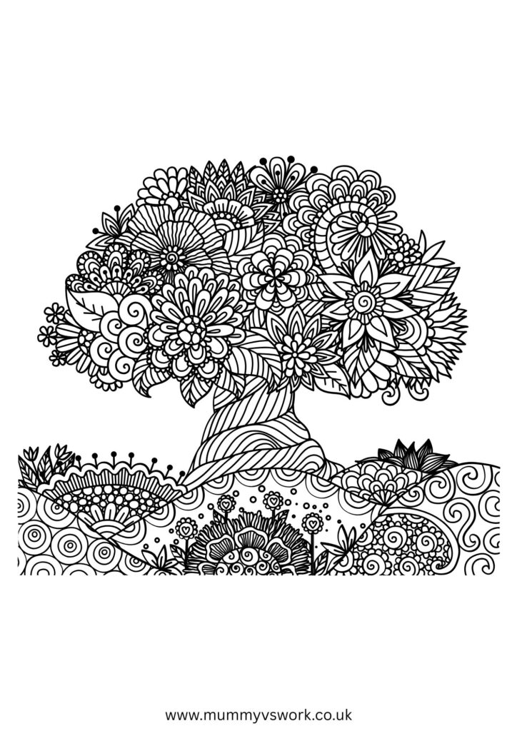 Intricate tree of life mandala with floral patterns and decorative leaves - adult colouring sheet PDF