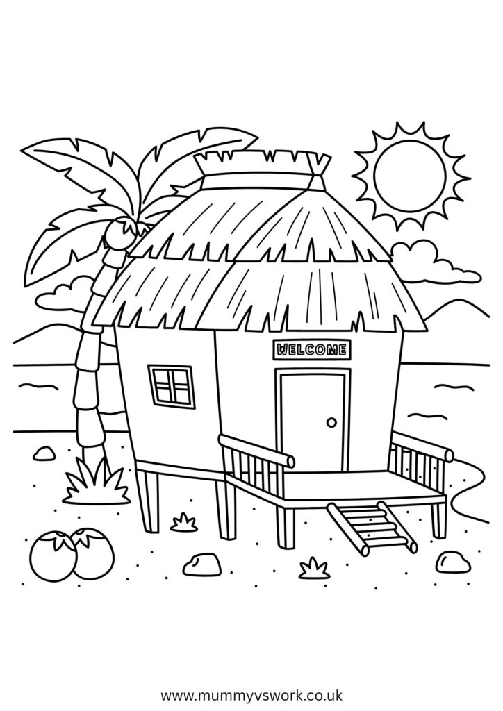 Tropical beach hut with palm tree and thatched roof colouring page - summer island paradise printable
