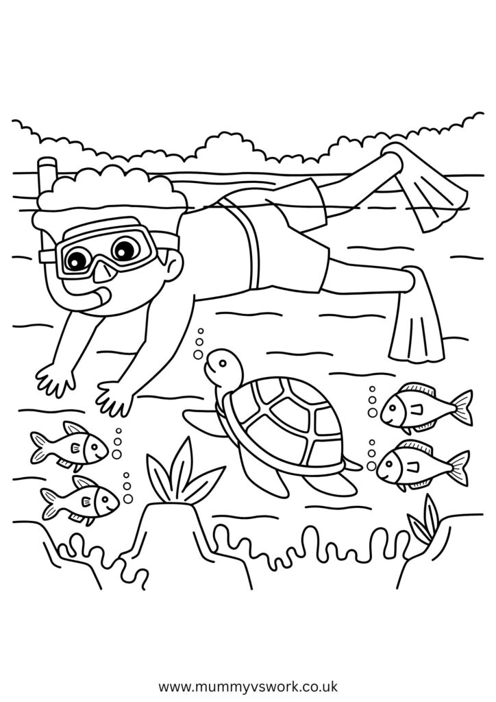 Underwater swimming scene colouring page with snorkeler, turtle and tropical fish - summer sea adventure printable