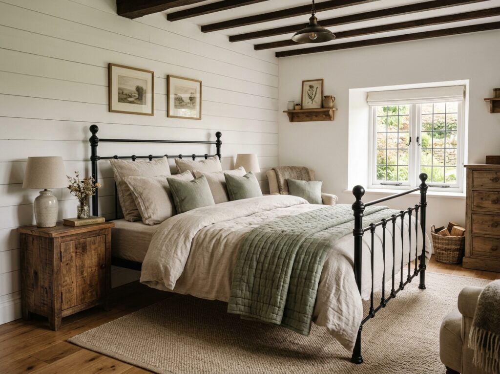 The Farmhouse Bedroom Blueprint: Designing a Cosy, Timeless Retreat 2 Farmhouse bedroom with black bed