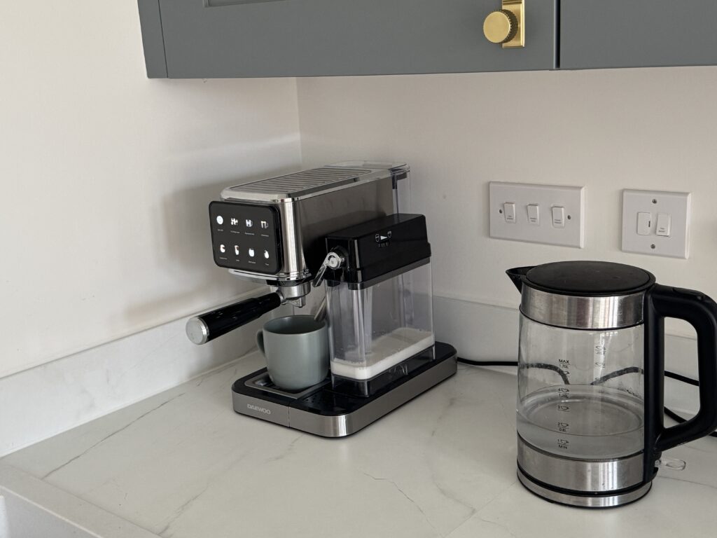 Daewoo coffee machine in our kitchen as part of our busy morning routine