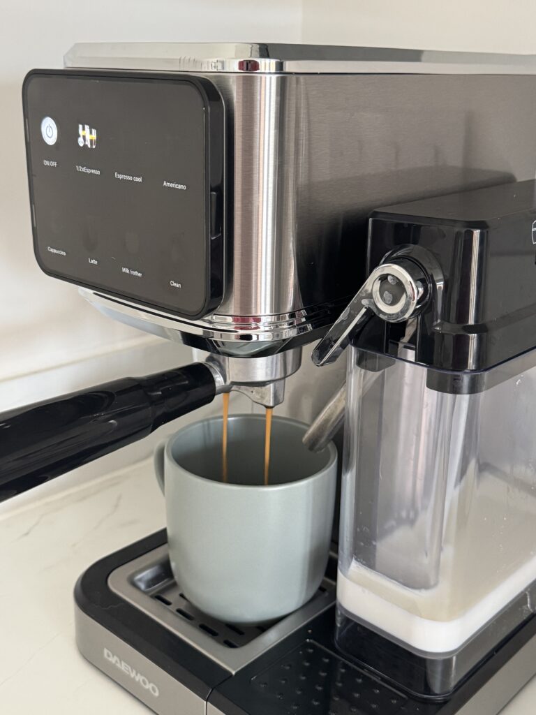 Daewoo 20-Bar Digital Semi-Auto Coffee Maker making a morning coffee